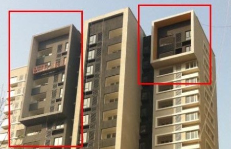 紅圈處為萬科城住宅設(shè)計的凸出建筑“方框”墻，擋住了多處住房的光線