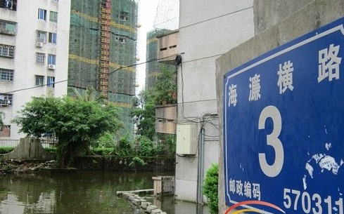 海濂橫路3號(hào)正門口，一眼望去全部是水，第一棟樓的居民們自行用大磚頭鋪路
