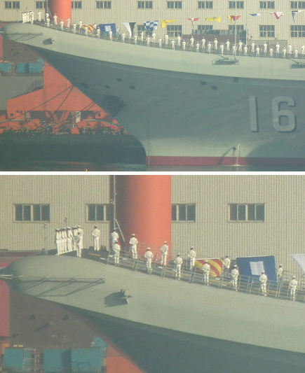 資料圖：大批身著海軍制服的人在甲板上進(jìn)行站坡儀式。